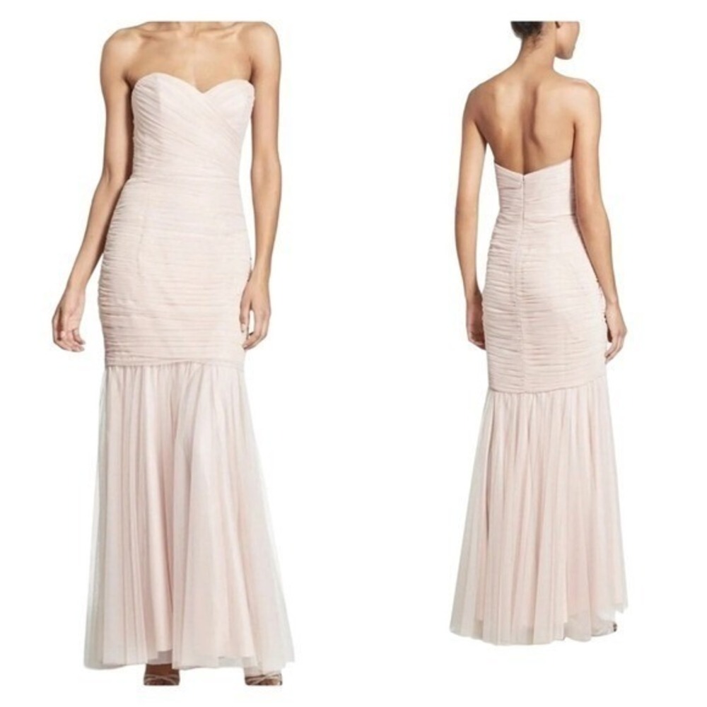 Amsale Blush Pink Ruched Tulle Strapless Mermaid Gown Size 6